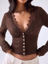Lace Knitwear Slim-fit V-neck Solid Color Blouse&Shirts