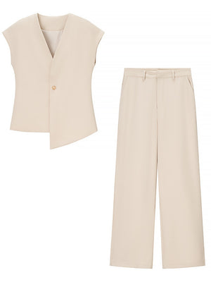 V-neck Buttons Jacket Wide-leg Pants Set Commuting 2-piece Sets