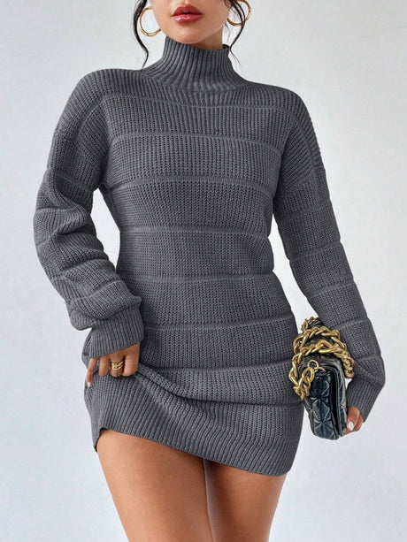 High Collar Long Sleeve Waist-cinching And Hip-hugging Knitted Sweaters Midi Dresses