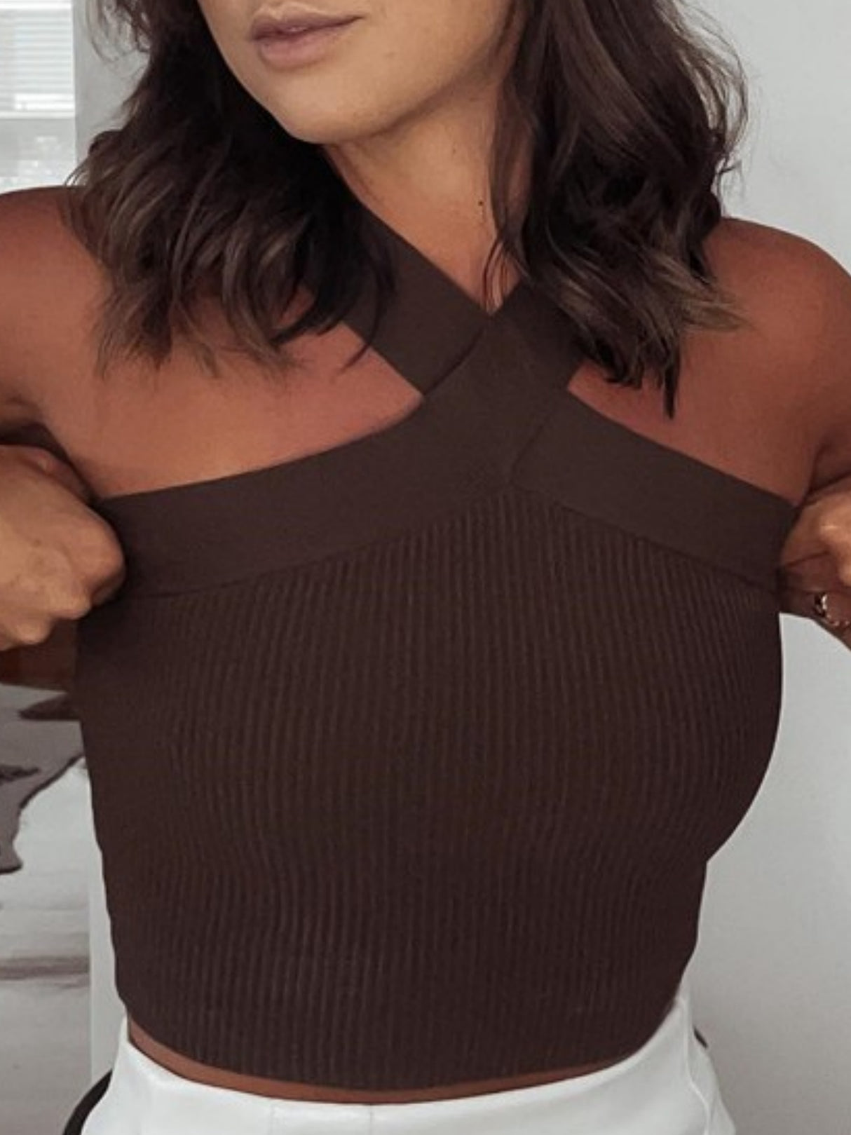 Cross-neck Sleeveless Tights Knitted Vest