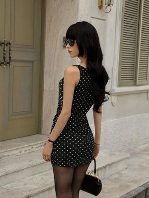 Polka Dots Sleeveless Waist Hip-hugging Mini&Short Dresses