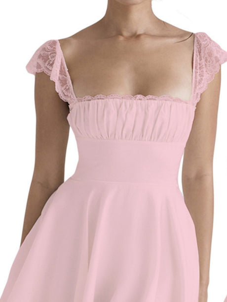 Lace Trim Square Neck Suspenders Slim-fit Backless Sweet Mini&Short Dresses