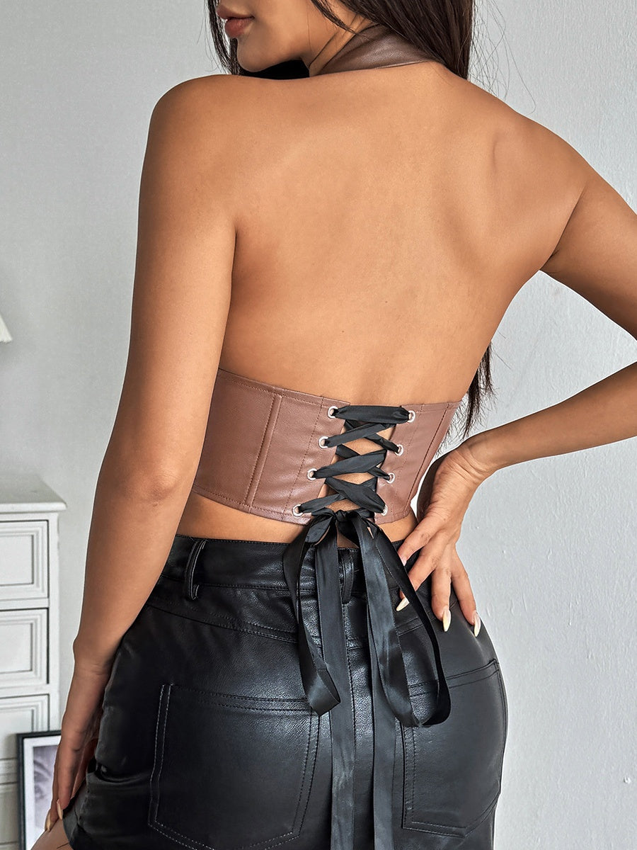 PU Leather Halter Button-down Style Waist Camisoles