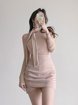 Elegant Tie-neck Fitted Long-sleeved T-shirt