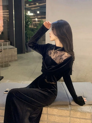 Velvet Dress, Women's Style, Rich Heiress Look, Lace Long-sleeved Black Dress
