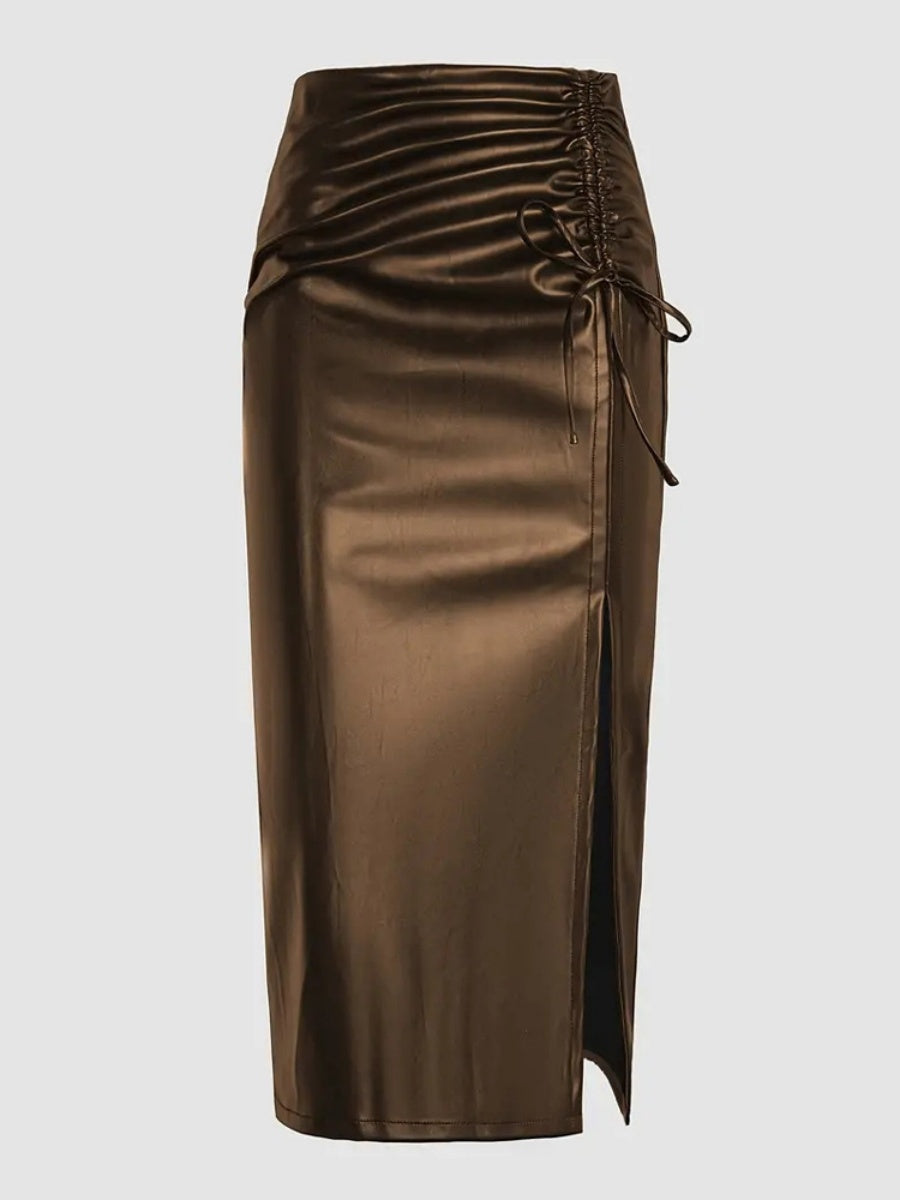 Sexy Slit PU Leather Skirt Pleats Skirts
