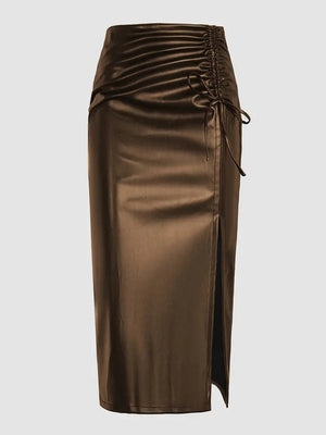 Sexy Slit PU Leather Skirt Pleats Skirts