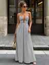 Stripes Backless V-neck Sleeveless Maxi Dresses