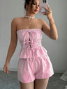 Strapless Striped Ruffled Crop Top And Elastic Waist Shorts Two-piece Set