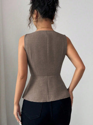 Metal Buckle Design V-neck Sleeveless Fitted Waist Vest