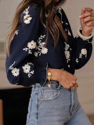 Floral Embroidery Color Block V-Neck Long-Sleeve Shirt