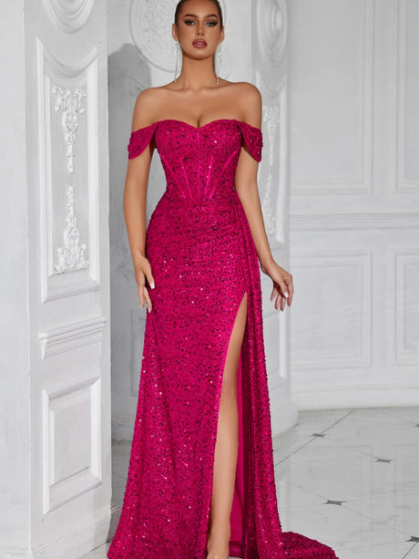 Sequined Strapless Sexy Banquet Dress With Slit, Long And Fitted