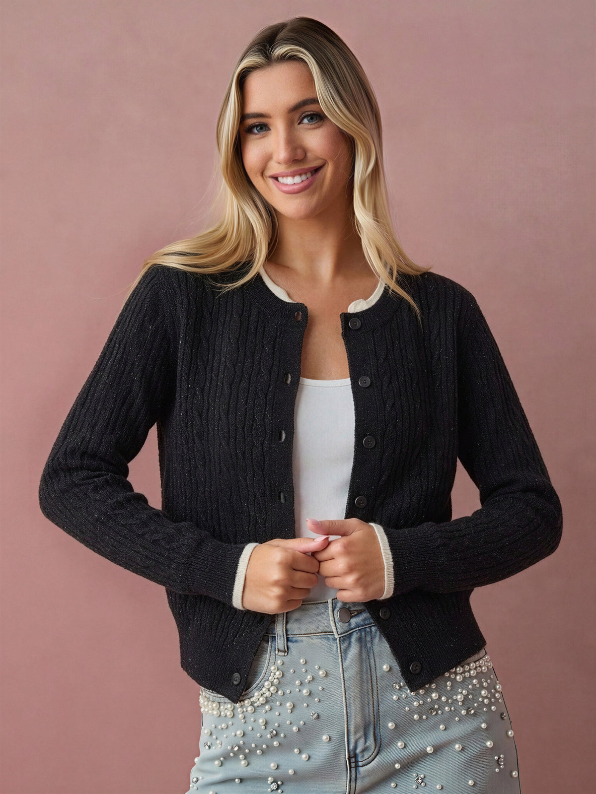 Cable Knit Color-blocked Trim Faux Two-piece Round Neck Knit Cardigan