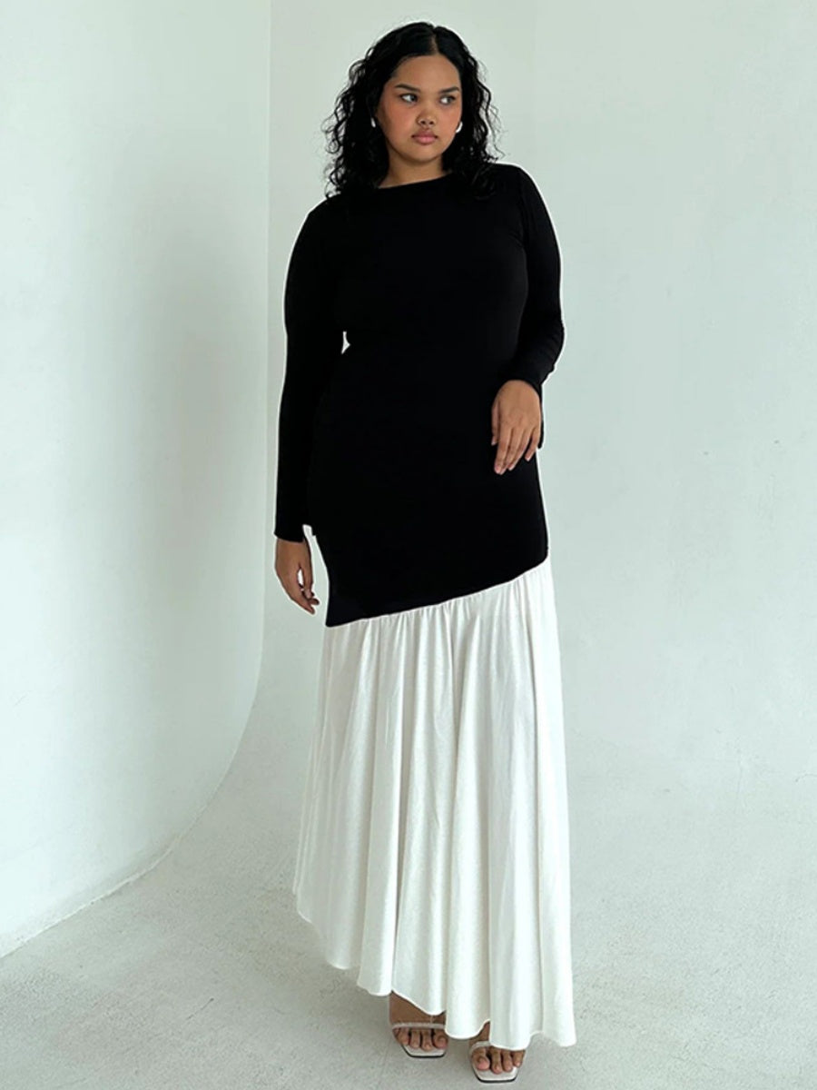 Liber Autumn Women's Contrast color pleats Solid Color Maxi Dresses