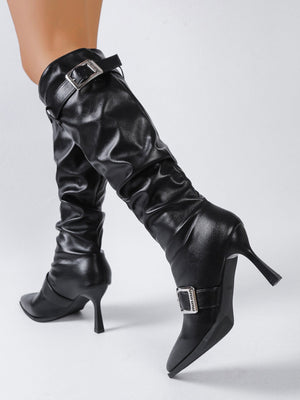 Pleated High-top Pointed-toe Stiletto Heels With Buckle Belt For Women