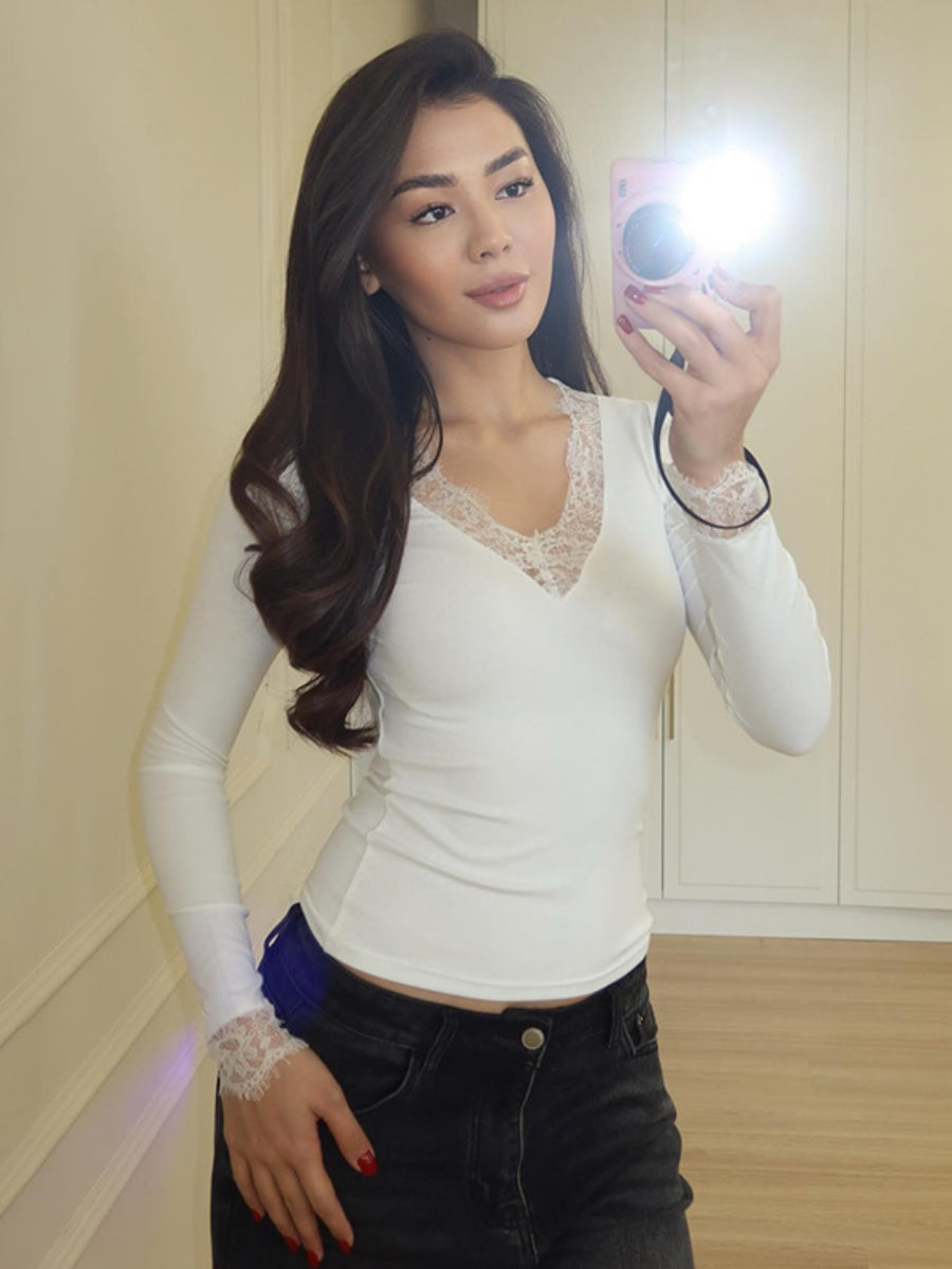 V-neck Lace Trim Waist T-shirts