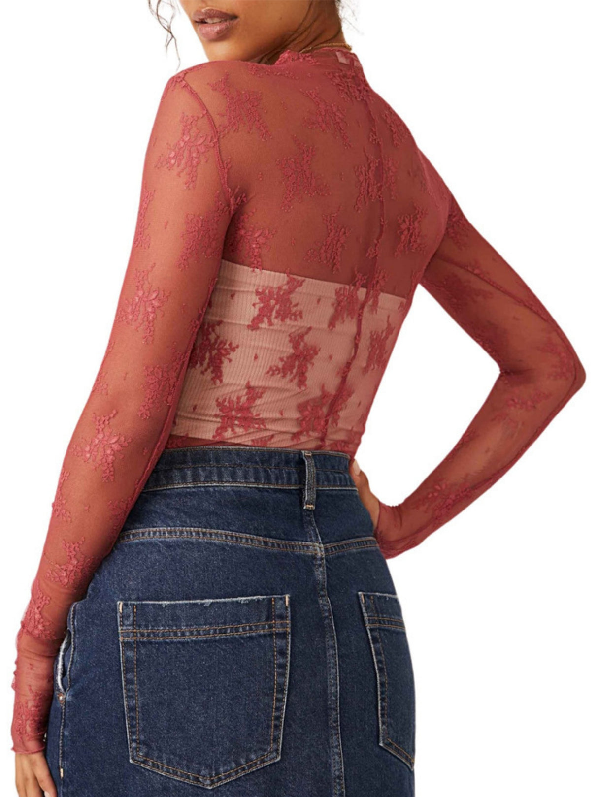 Lace See-through Sexy Mesh Mock Neck Long-sleeved Top