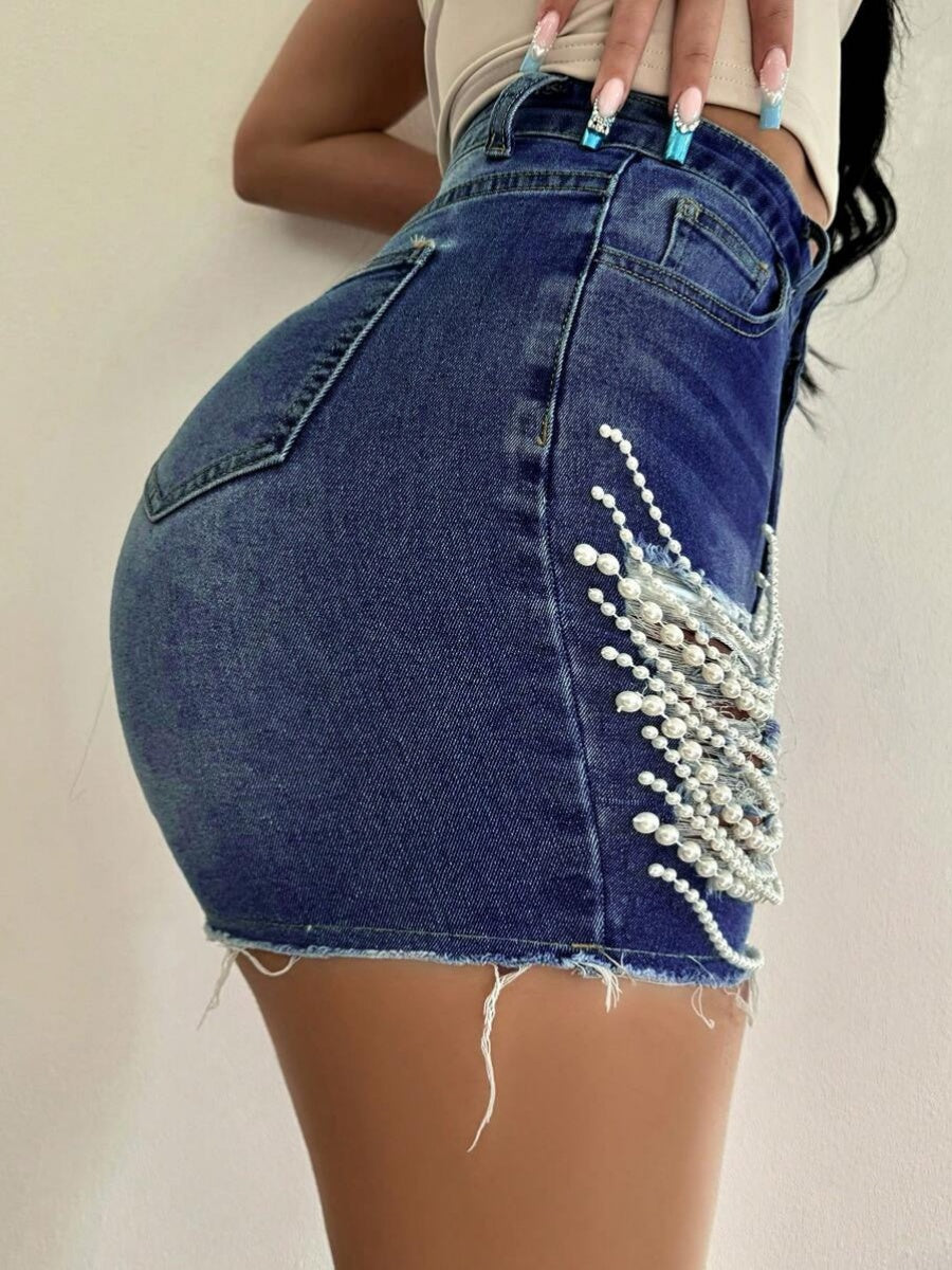 High-waisted, Slimming Pearl Chain Ripped Denim Shorts