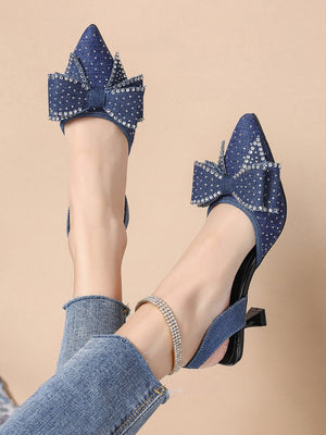Rhinestone Pointed Bow Backless High Heels