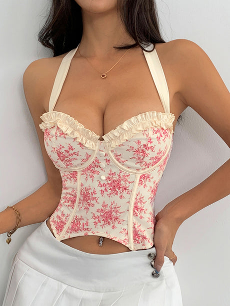 Wood Ear Printed Backless Neck Bra Fishbone Vest