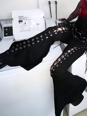 Metal Bandage Hollow Black Slightly Flared Pants