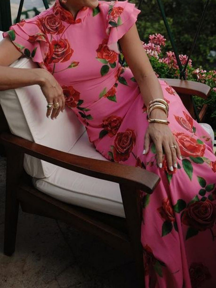 Improved Cheongsam Buttons Printed Formal Dress Maxi Dresses