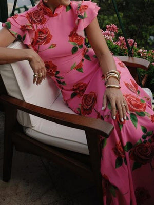 Improved Cheongsam Buttons Printed Formal Dress Maxi Dresses