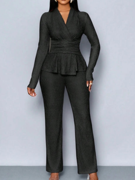 Long-sleeved, Irregular Hem, Fitted Top And Slimming Solid Color Trousers Two-piece Set