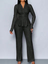 Long-sleeved, Irregular Hem, Fitted Top And Slimming Solid Color Trousers Two-piece Set