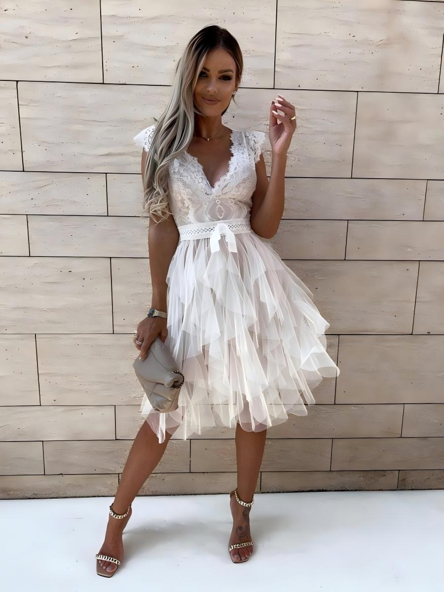 V-neck With Lace Trim Multi-story Mesh Sleeveless Mini&Short Dresses