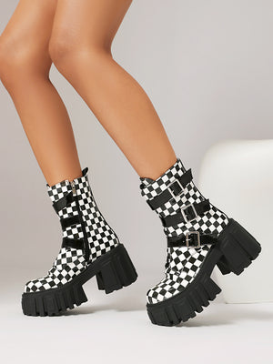 Plaid Denim Biker Punk Ankle Boots