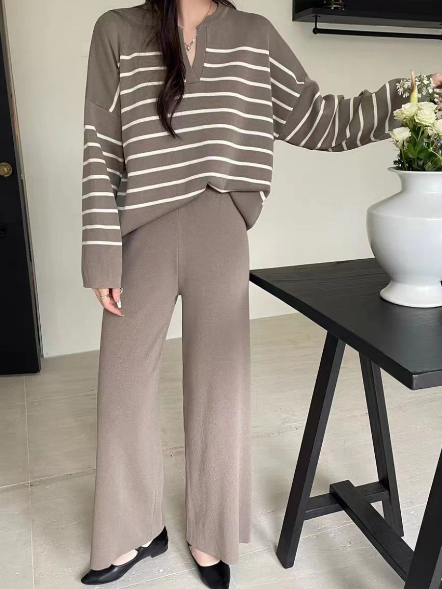 Stylish Two-piece Set: Loose Striped Knit Top, Casual High-waisted Wide-leg Knit Pants
