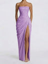 Pleated Slit Strapless Waist Maxi Dresses