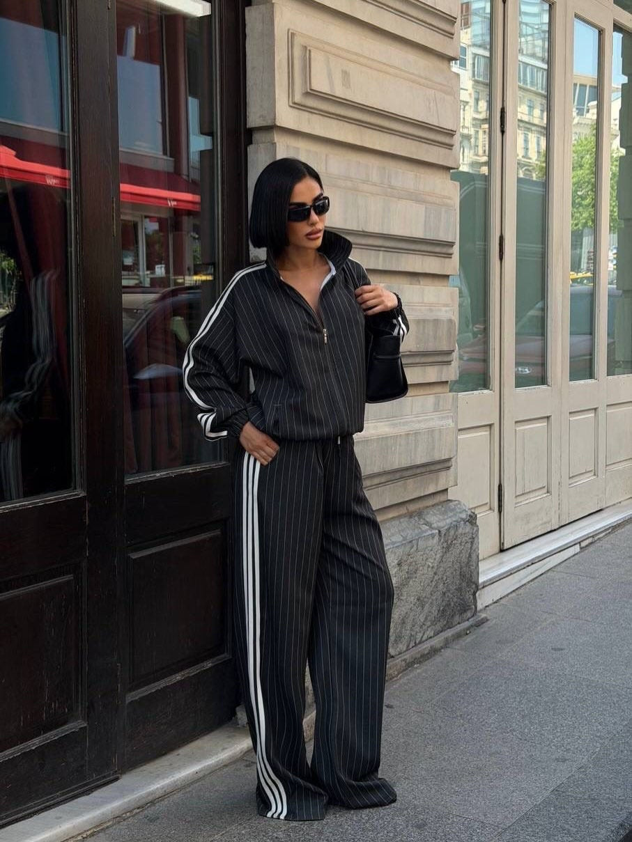 Women's Vertical Striped Three-Stripe Tracksuit Stand-up Collar Zip-up Jacket And High-waisted Wide-leg Trousers Two-piece Set