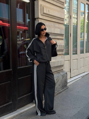 Women's Vertical Striped Three-Stripe Tracksuit Stand-up Collar Zip-up Jacket And High-waisted Wide-leg Trousers Two-piece Set