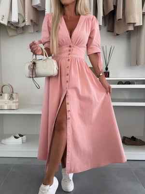 V-neck Short-sleeved Loose-fitting Denim Button-down Long Dress