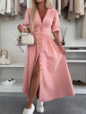 V-neck Short-sleeved Loose-fitting Denim Button-down Long Dress