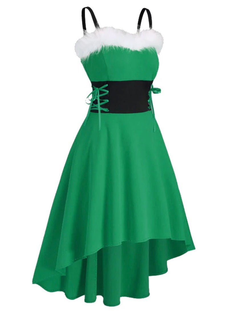 Christmas Parties Bunny Girl Fur Collar Off-shoulder Bow Slip Dress