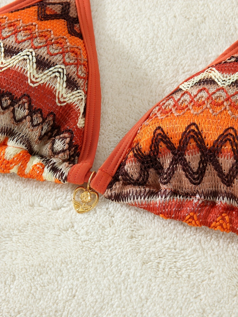 Knitted Color-blocked Striped Tie-up Bikini