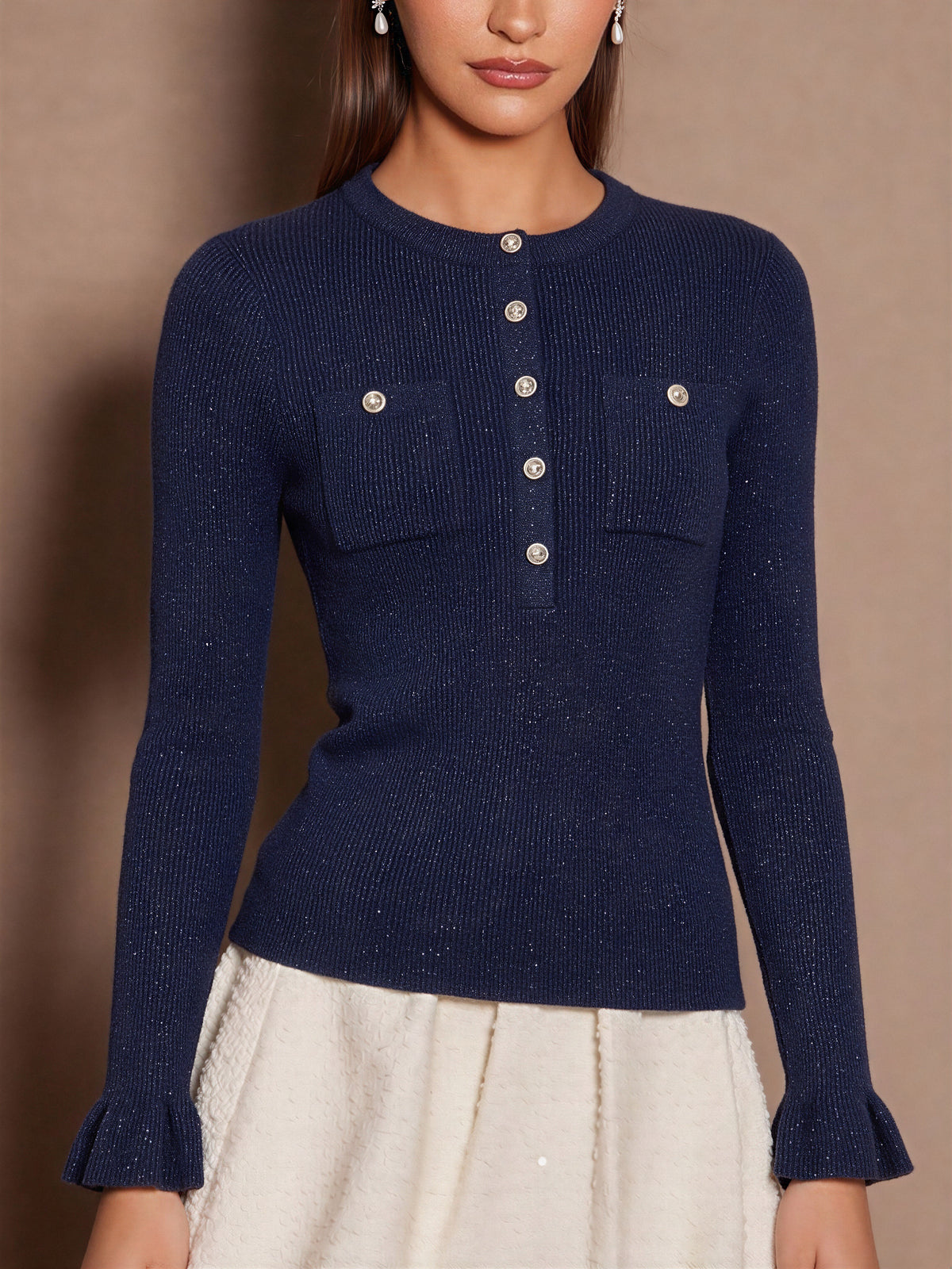 Half-open Metal Button Pocket Ruffle Sleeve Pullover Sweater