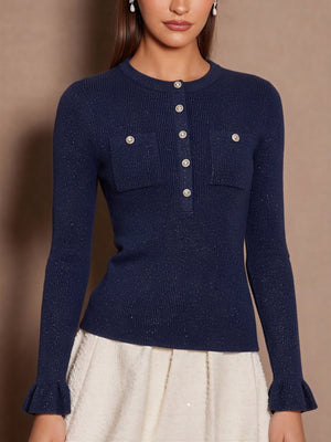 Half-open Metal Button Pocket Ruffle Sleeve Pullover Sweater