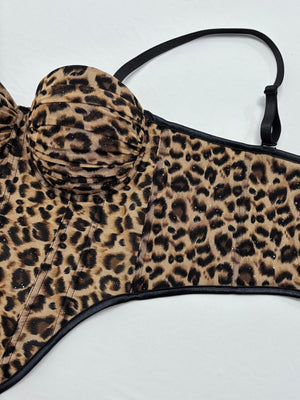 Leopard Print Rhinestone Fishbone Waist-cinching Halter Top