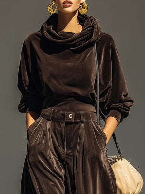 Velvet Hooded Long-sleeved Top Tapered Trousers 2-piece Sets