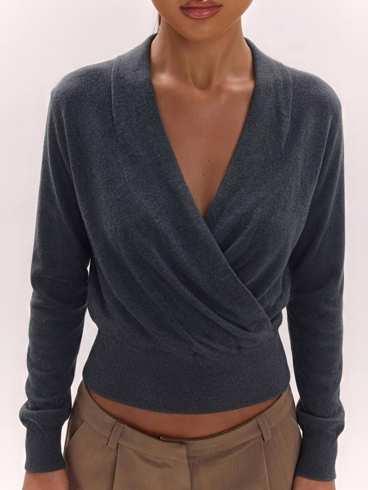 Wool Cross Wrap V Neckline, Fitted Waist, Long Sleeves