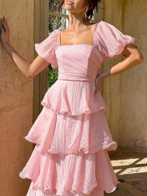Square Collar Puff Sleeve Cake Skirt Vacation Parties Maxi Dresses