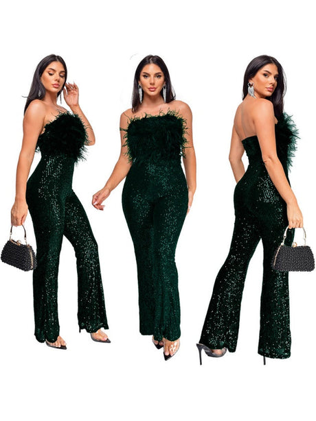 Sleeveless Backless Sequined Feather Flared Leg Jumpsuit