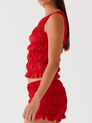 Pleated Navel Curled Hem Backless And Navel Exposed 2-piece Sets