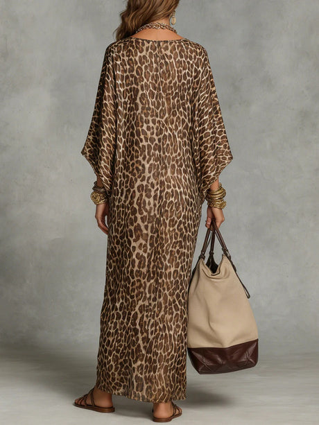 Leopard Print V-neck Fitted Waist Long Dress