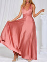 V-neck Satin Ribbon Long Skirt Parties Maxi Dresses