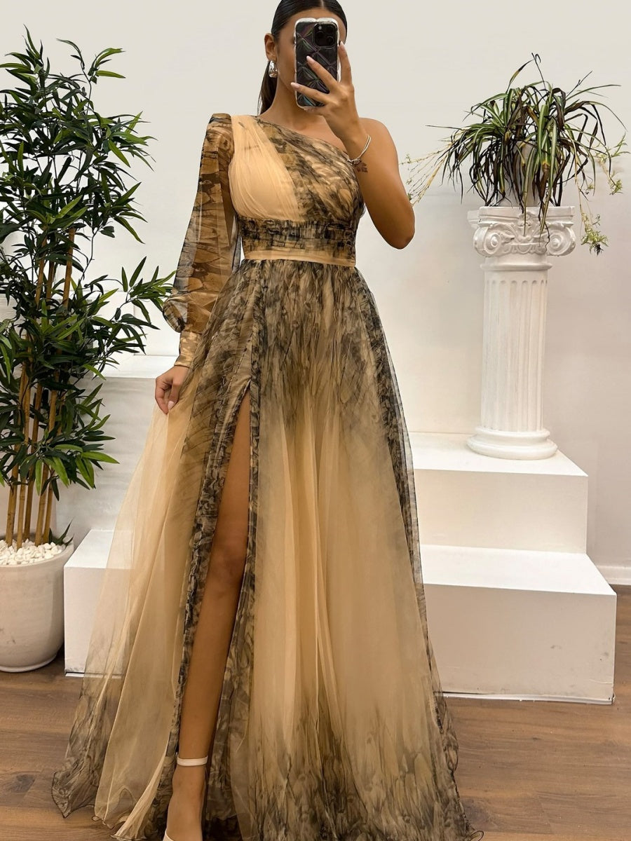 Sloping Shoulders Mesh Printed Reunion Maxi Dresses